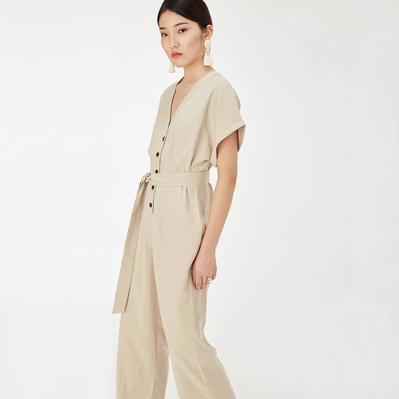 หลวม Casual Jumpsuit 2019 ฤดูร้อนปุ่ม Overalls V คอแขนสั้นผู้หญิง Playsuit Elegant Jumpsuits สำหรับผู้หญิง 2019 DD2188