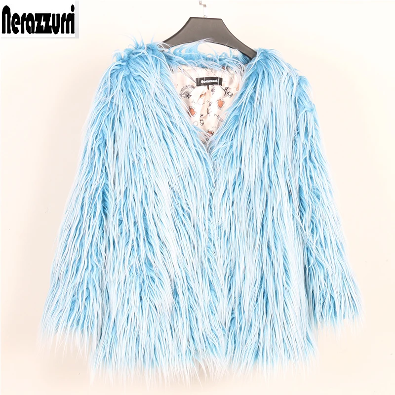 Nerazzurri Winter Long-Haired Shaggy Thick Warm Faux Fur Coat V Neck Y2K Blue Short Fluffy Jackets for Women 2022 Korean Fashion