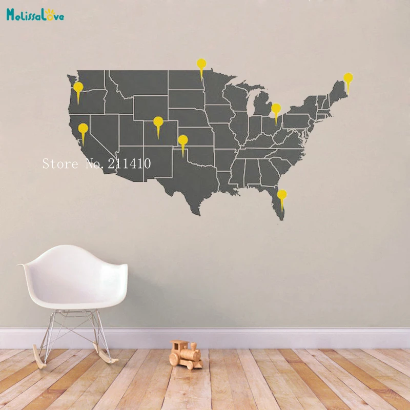 Vinyl USA Map Wall Sticker United States Decals with the Point Signs Decor Living Room Office Removable Nursery Art Poster YT742