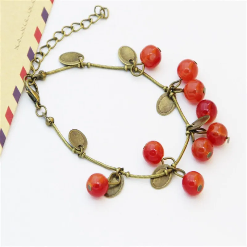 Vintage Sweet Cute Red Cherry Charm Bracelets for Women Small Coin Bead Beautiful Bracelet Girl Gift Mujer Pulseras Hot Sale