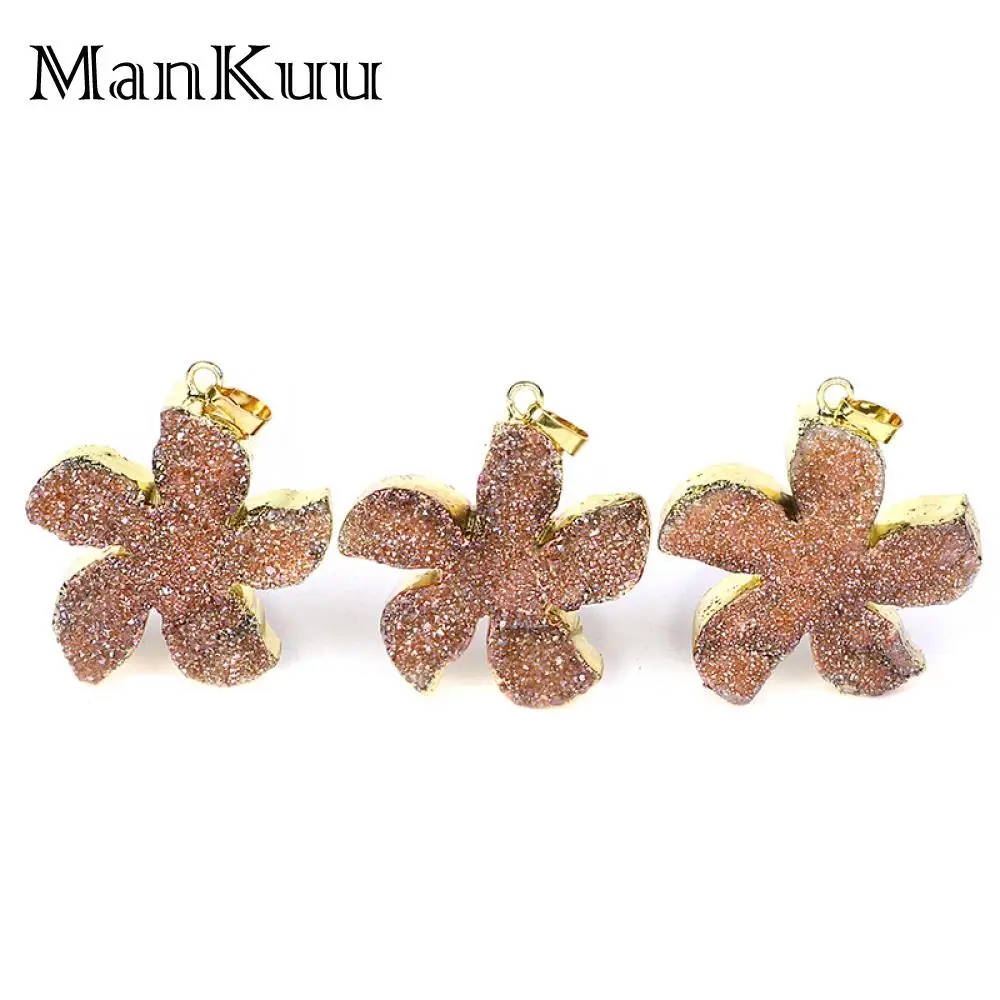 

Mankuu 45*40mm Big Druzy Pendant Sparkling Champagne Starfish Pendant Gold Plating Natural Stone Star Pendant For Jewelry Making