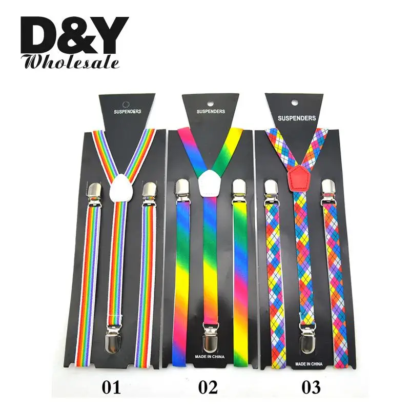 Women Men'S Shirt Suspenders For Trousers Pants Holder Clip-on Braces Elastic Slim 1.5cm wide Rainbow Striped Mix Y-back gullas