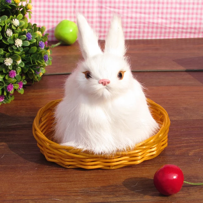 simualtion rabbit toy model about 12x10cm  plastic& furs white rabbit with basket , home decoration Xmas gift w5771