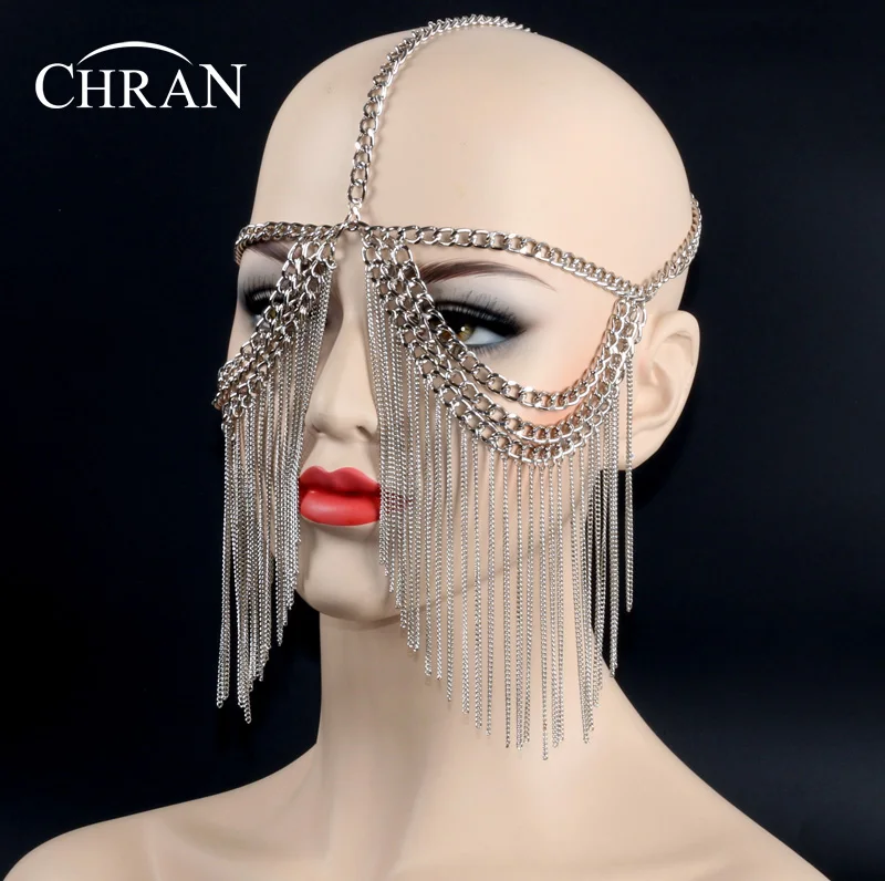 Chran New Sexy Women Multi Layer Tassel Head Chain Headdress Jewelry Forehead Headband Eye Cover Face Mask Body Jewelry CRB7140