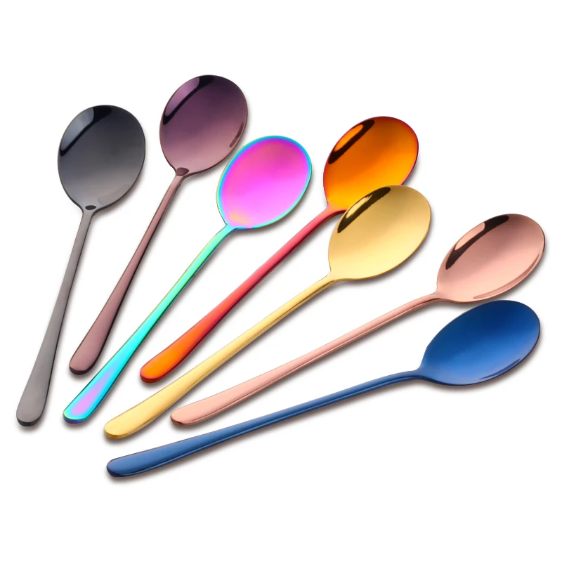 1PC Colorful Stainless Steel Korean Dessert Spoon Gold Silver Coffee Spoon With Long Handle Ice Cream Mixing Tea Spoon Tableware