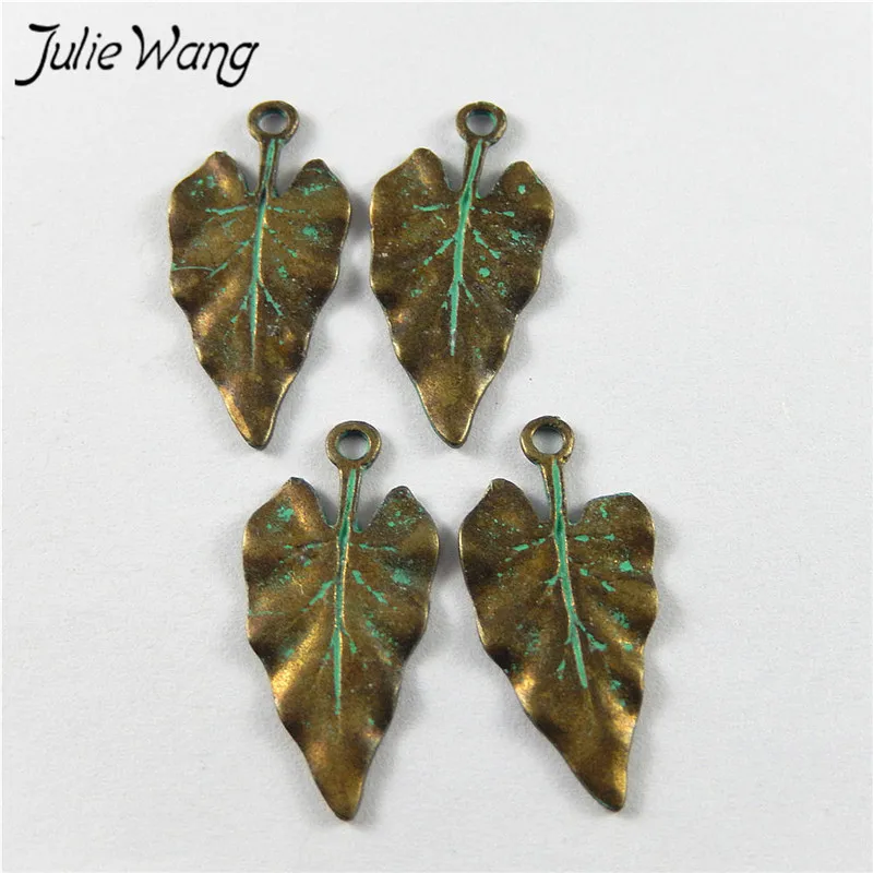 Julie Wang 20PCS Antique Bronze Charms Green Heart Shape Leaves Suspension Pendants Jewelry Making Earring Necklace Accessory