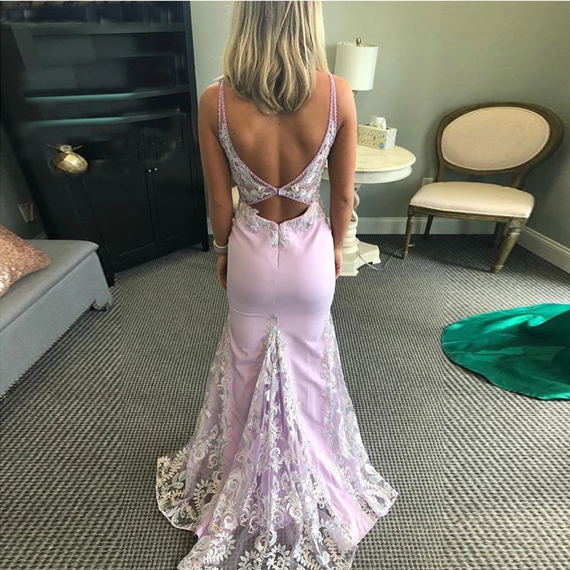 Lilac Sexy Evening Dresses V-neck Illusion Bodice Mermaid Style Hollow Back Lace Appliques Long Women Formal Evening Party Dress