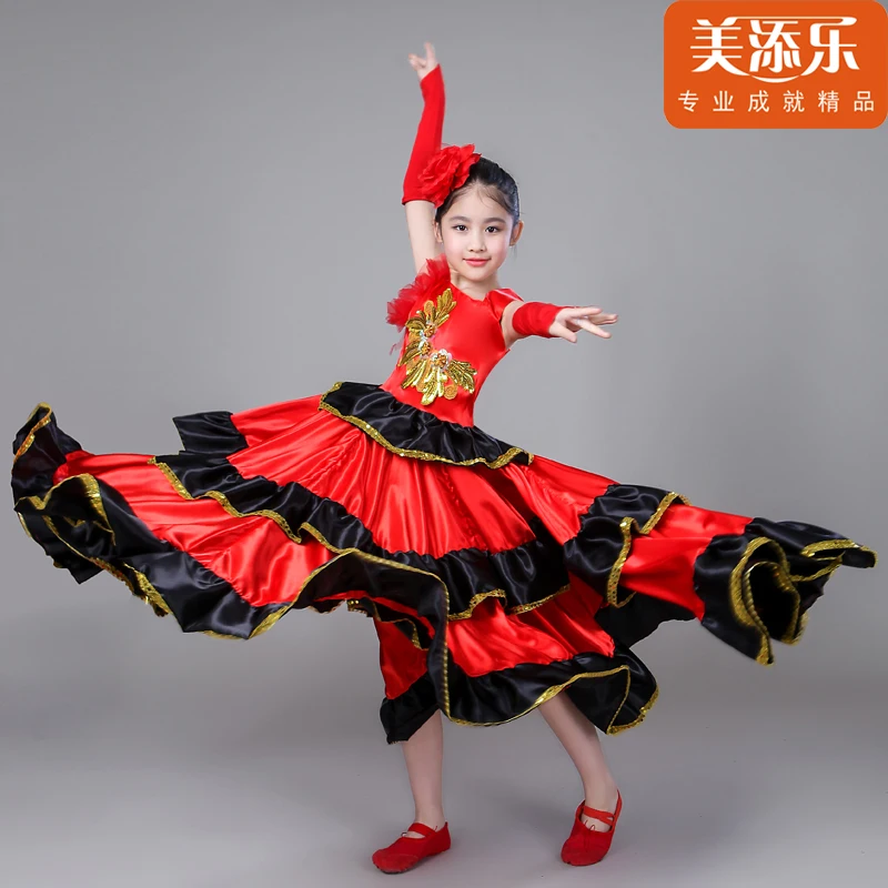 Kinder Spanisch Stierkampf Kleid Flamenco Kostüm Prinzessin Mädchen Öffnung Dance Volles-rock Plus Size Schaukel Tanzen Kleid H549