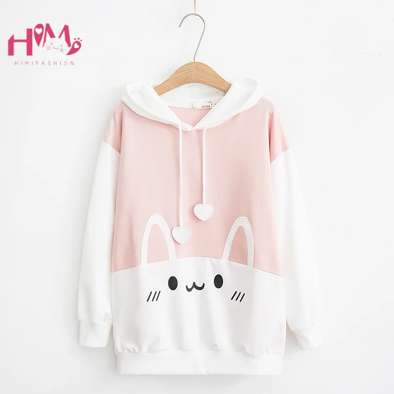 Cute Rabbit Women White Hoodie Kawaii Bunny Ear Printed Graphic Hooded Sweatshirt Autumn 2022 Harajuku Girls Pink Blue Pullover