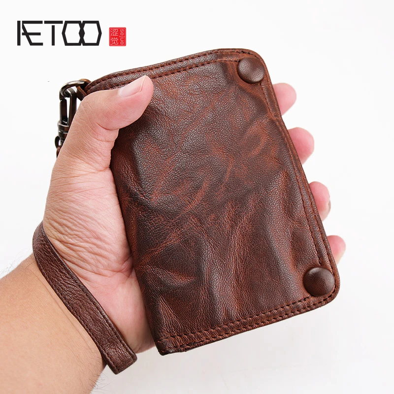 AETOO Retro handmade male lady leather vertical wallet Multi-card hand bag sheepskin buckle small wallet wrist bag