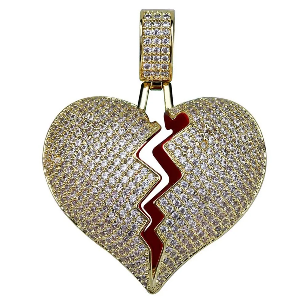 

Solid Design Hip Hop Rapper AAA CZ Zircon Bling Iced Out Broken Heart Pendants Necklace Men Women FashionJewelry Gold Color