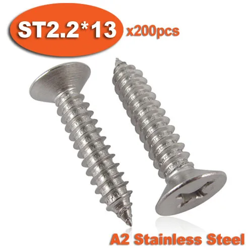 

200pcs DIN7982 ST2.2 x 13 A2 Stainless Steel Self Tapping Screw Cross Recessed Countersunk Head Self-tapping Screws