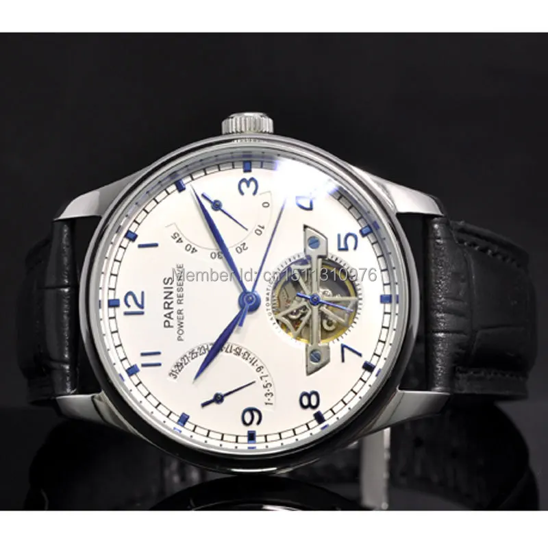 parnis white dial power reserve ST movement date automatic mens watch 13AU