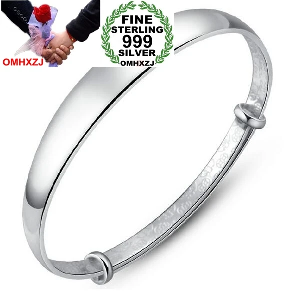 

OMHXZJ Wholesale fashion jewelry woman kpop star Smooth Fine 999 Sterling Silver adjustable bracelet Bangles gift SZ16