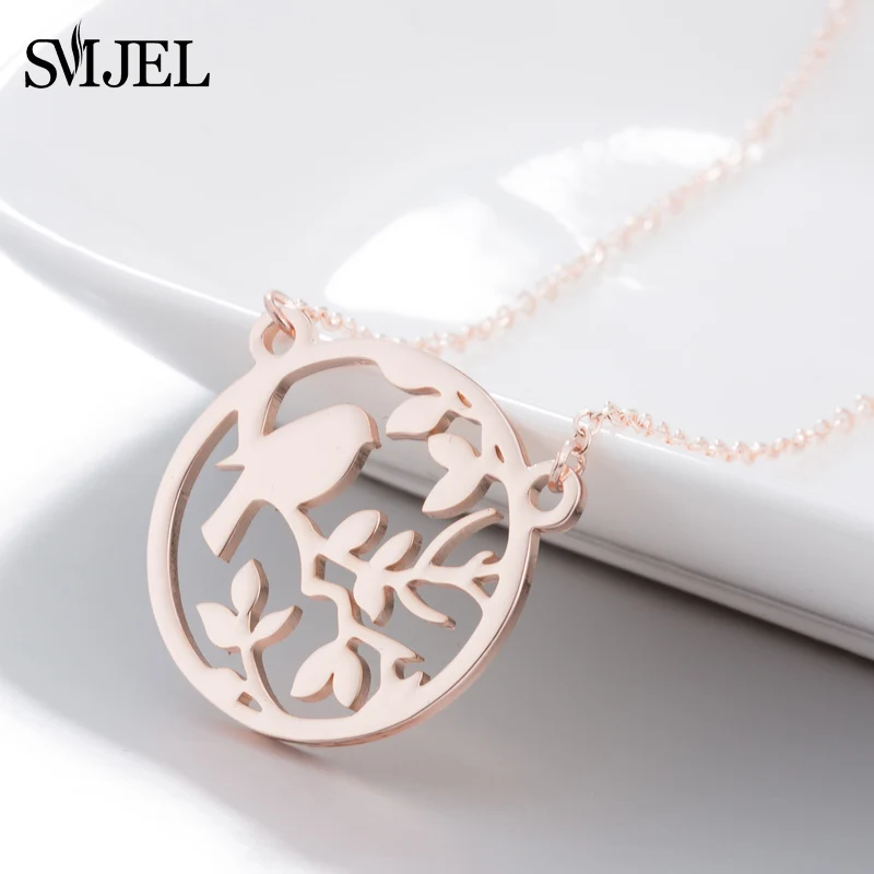 SMJEL Stainless Steel Jewelry Animal Bird Necklace Landscape Bird on Branch Circle Statement Necklaces Women Collar N374 image 4