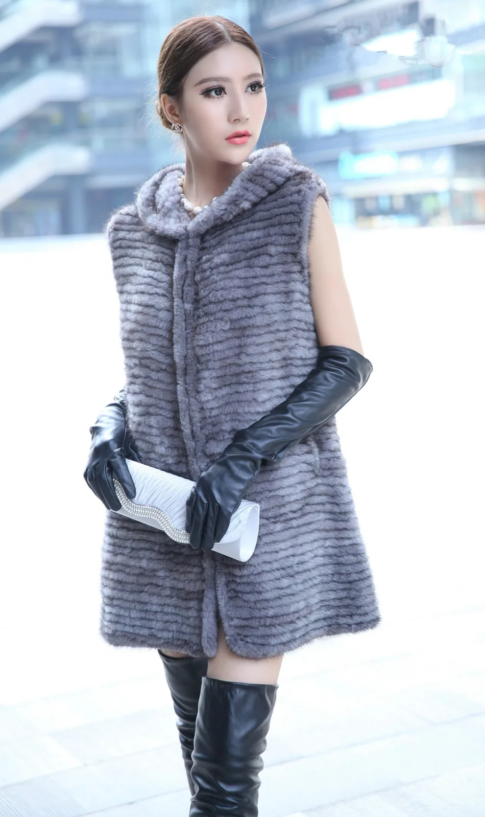 winter ladies fur vest genuine mink fur knitted warm outerwear with hood and belt  80cm long gray black autumn waistcoat K211