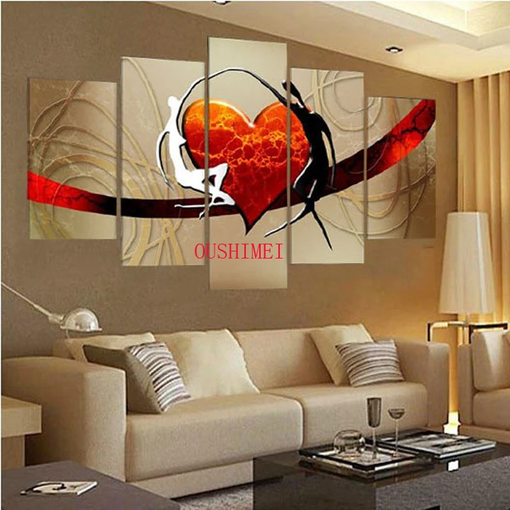 

Hand Painted 5 Pcs Red Heart Picture On Canvas Lover Dancer Oil Painting For Living Rroom Wall Art Free Shipping Pictures Art