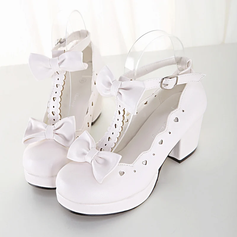 

Lolita Heavy-Bottomed 3 Color Girl Shoes Princess Bowknot Kawaii Woman JK Uniform Shoes Loli Round Head Sweet Middle Heel Shoes