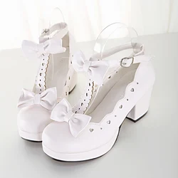 Lolita Heavy-Bottomed 3 Color Girl Shoes Princess Bowknot Kawaii Woman JK Uniform Shoes Loli Round Head Sweet Middle Heel Shoes