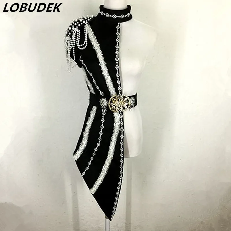 Novelty Female Jazz Stage Outfit Black Red Beading Single Dress Dance Teams Performance Costume Nightclub Bar DJ Singer Clothing