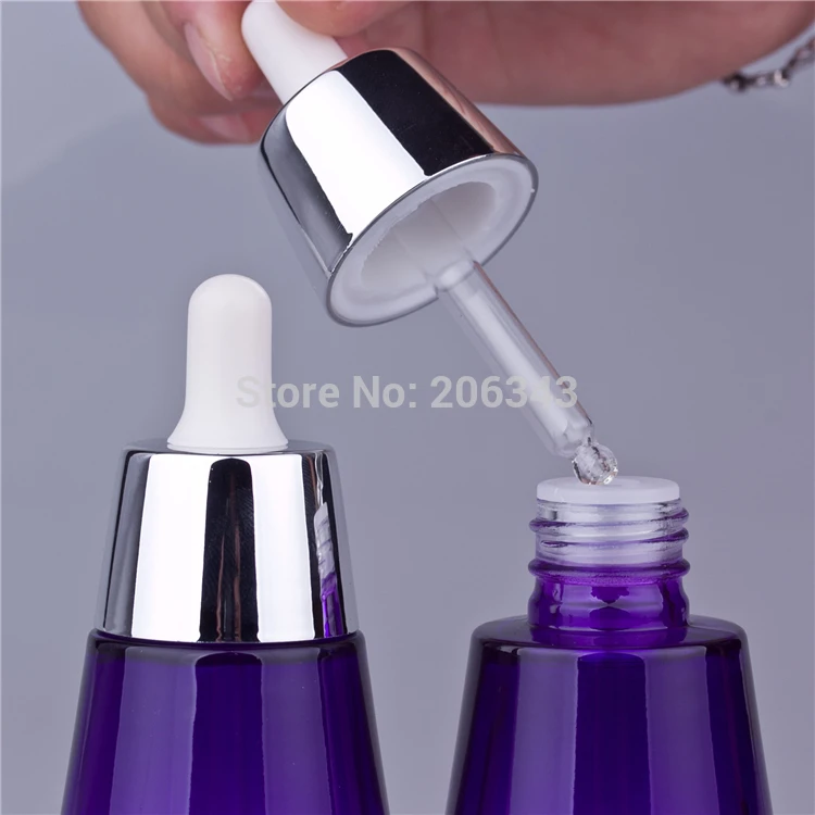 NEW ARRIVAL 30ml purple color glass dropper bottle with silver collar ,white bulb glass dropper glass bottle