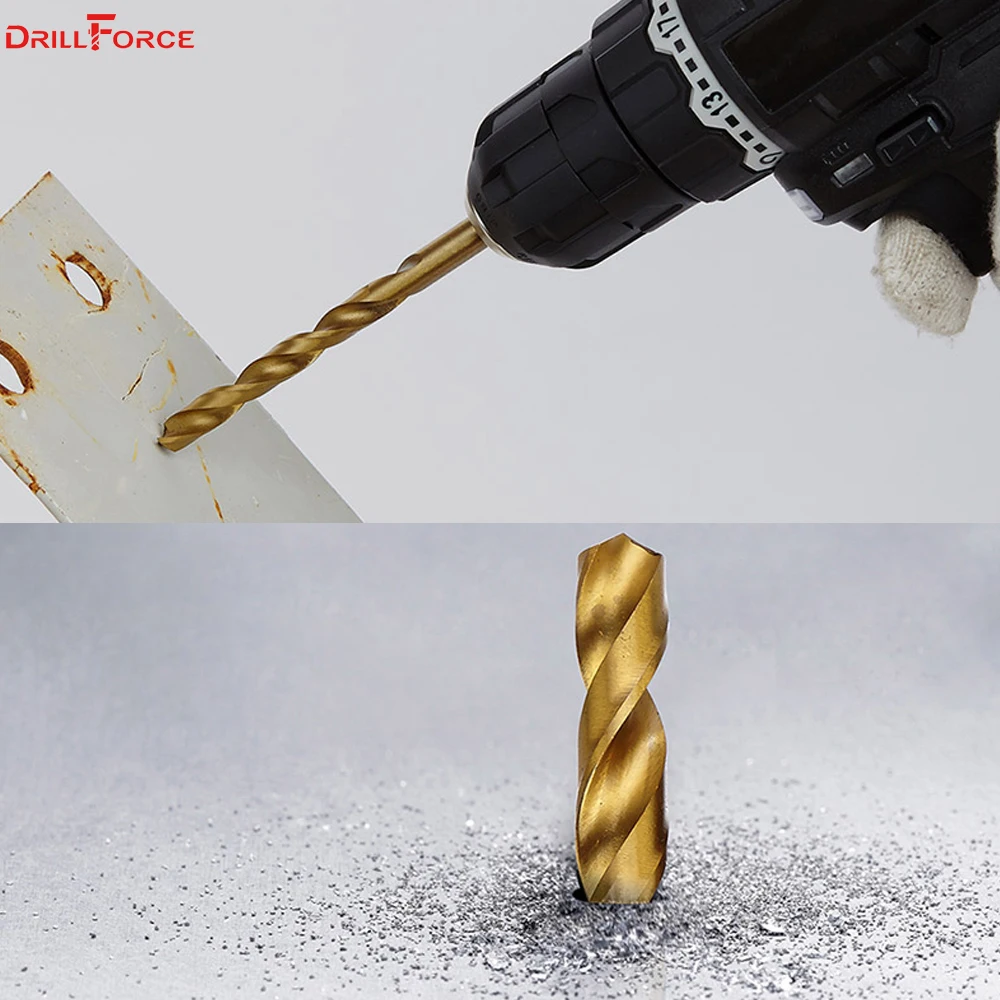 19 шт. сверла DRILLFORCE из быстрорежущей стали M2 с титановым покрытием для металла, деревообработки, набор сверл 1,0 ~ 10 мм, аксессуары для электроинструментов