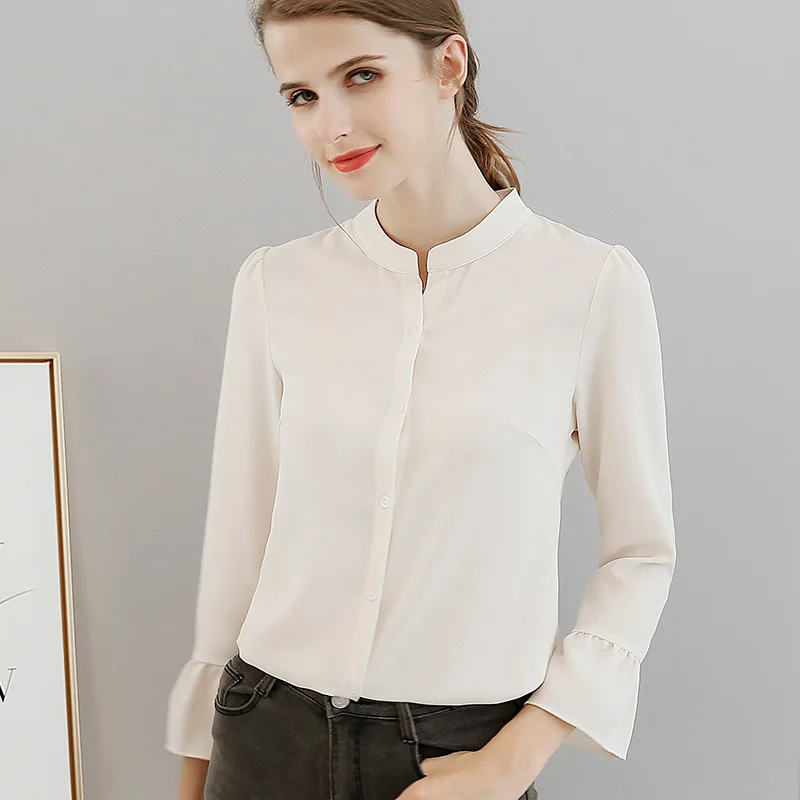 New Spring Summer Women Chiffon Shirt Fashion Long Sleeve Pure Color Office Ladies Blouses Slim Leisure Female Top Shirts H9115