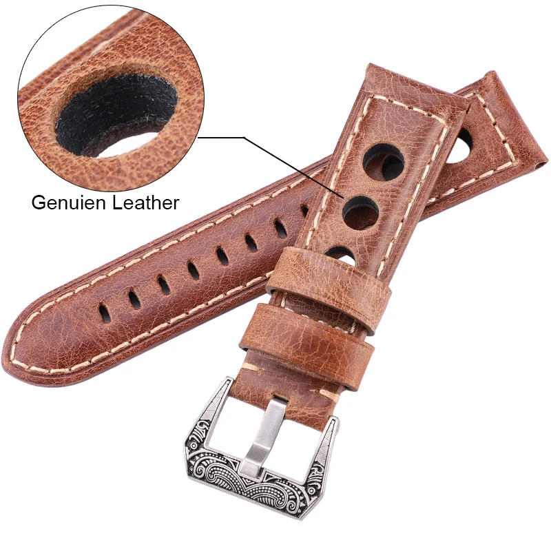 Oil Wax Genuine Leather Watchbands 22mm 24mm Dark Brown Women Men Cowhide Watch Band Strap Belt With Black Pin Buckle