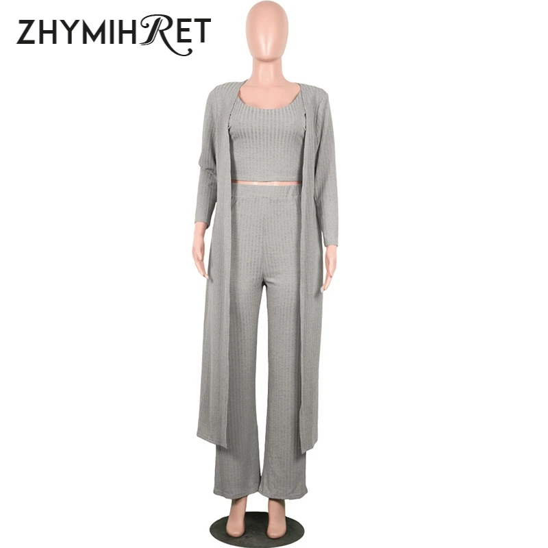 ZHYMIHRET 22023 Autumn Winter Ribbed 3 Pieces Set Women Crop Top High Waist Wide Leg Pants Set Long Sleeve Trench Coat