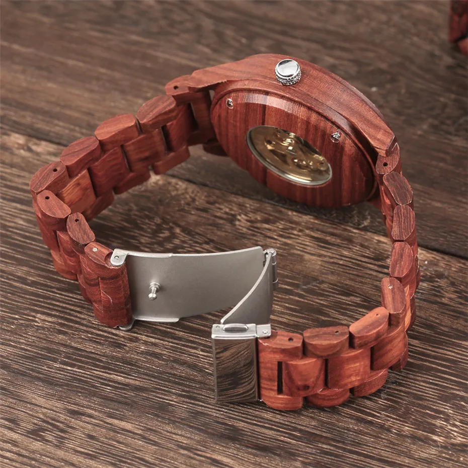 Luxury Red Wood Watch Mechanical Self Winding Wooden Watches Creative Unique Automatic Timepiece Men Watch reloj masculino