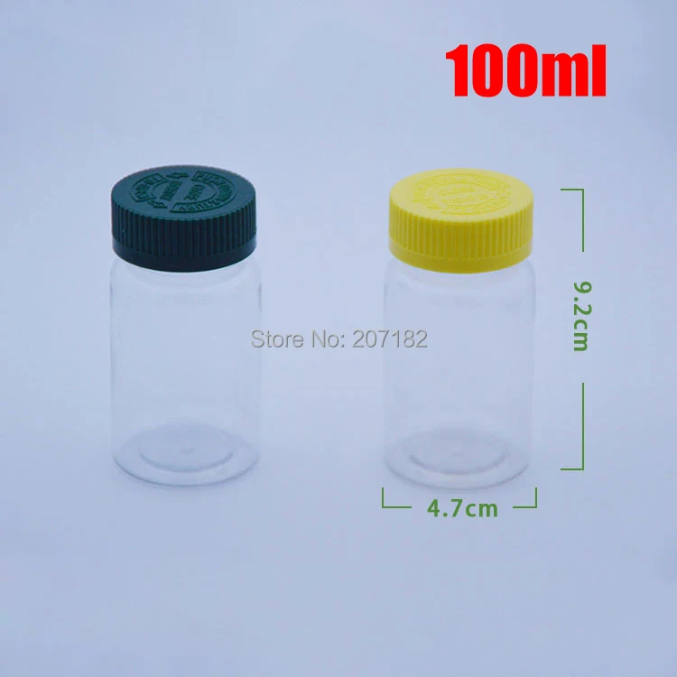 100pcs 100ml Clear Child-proof PET Bottles,Capsules/Pills/Powder/Vitamin Plastic Bottles with Green/Yellow Colors Screwing Lids