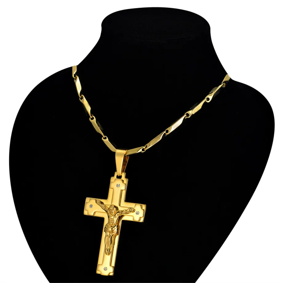 Crucifix & Cross Necklaces Pendants For Men Stainless Steel Gold Color Christ Jesus Piece Necklace Male Christian Jewelry