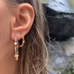 Gorgeous trendy women lady gift jewelry Gold filled multi color cubic zirconia 2025 spring new Medium hoop earring