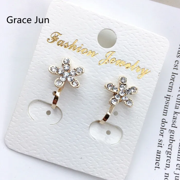 Grace Jun Cute Full Rhinestone Small Flower Clip on Earrings No Pierced for Kids Girls Hot Sale No Hole Earrings Wholesale Price