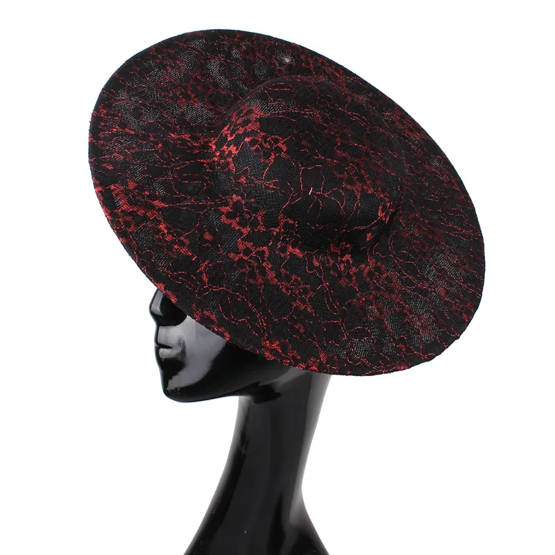 

New Imitation Sinamay Red 30CM Round Base Hats With Lace Fascinators Hat Party Hat Bridal Headwear Women Party Craft Millinery