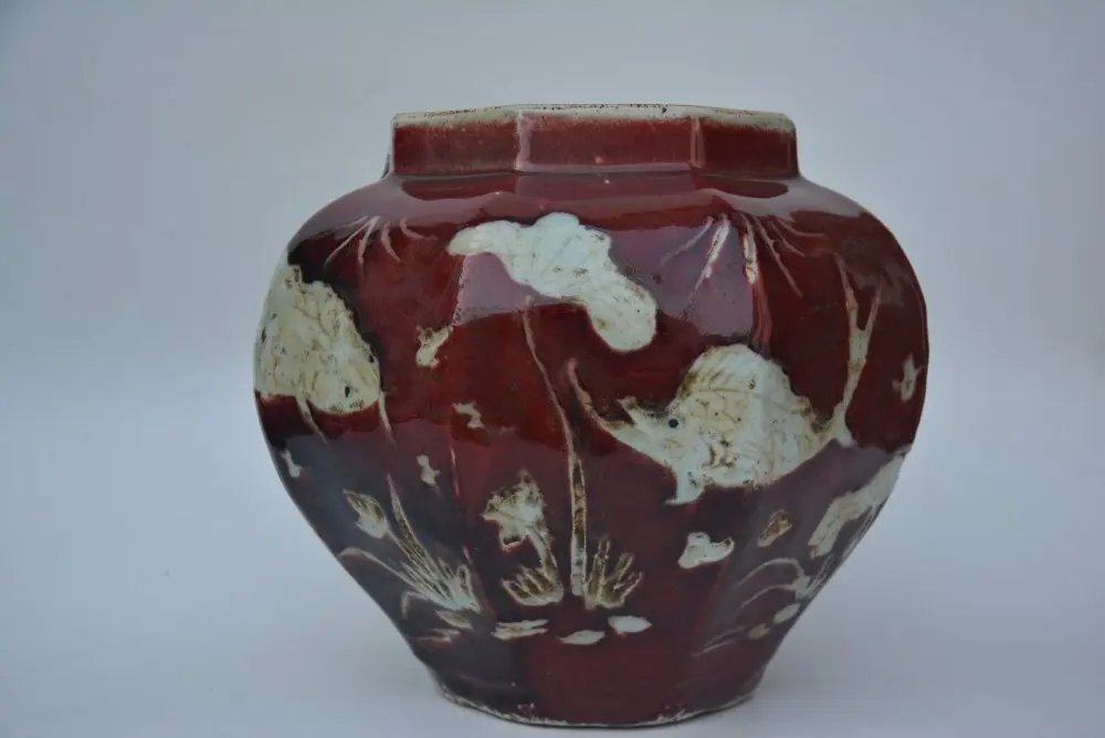 Rare Old China YUAN dyansty porcelain jar,Lotus pond & fish,red glaze,Hand Painted Decoration /Collection/ crafts,Free shipping