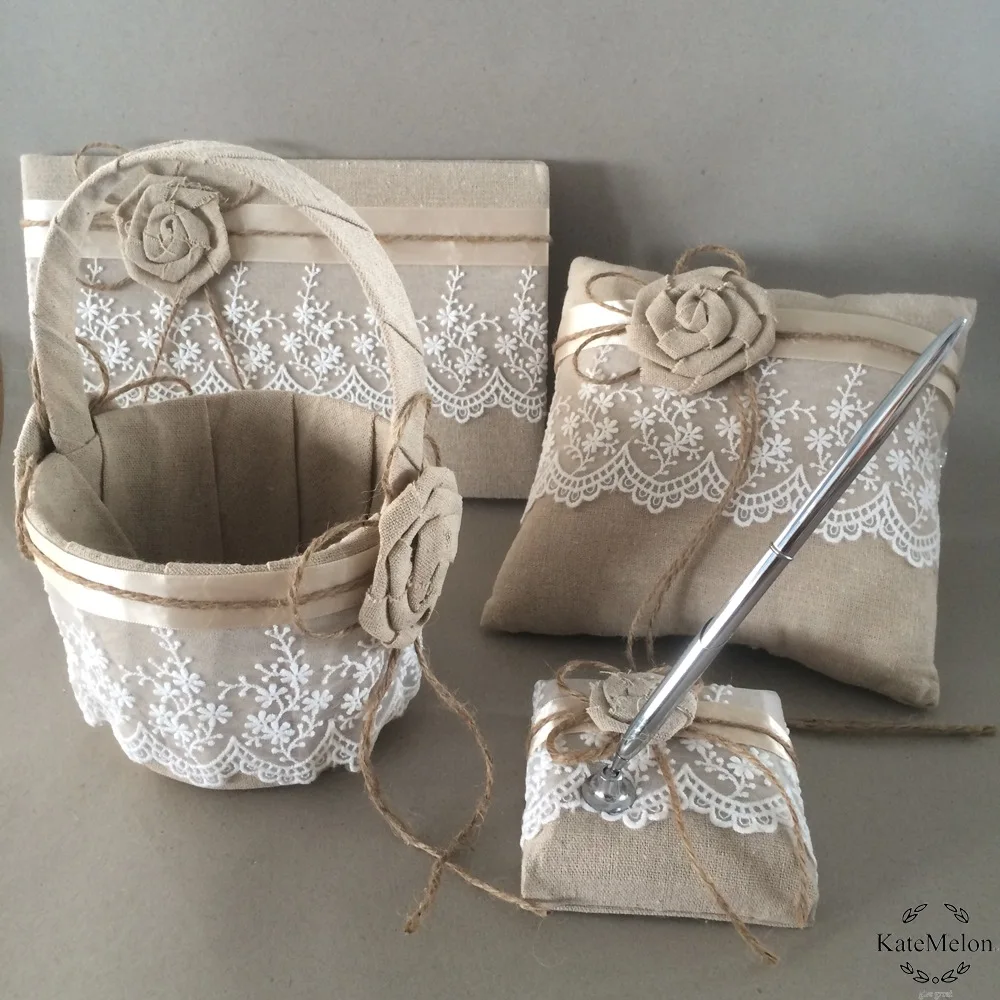 

4Pcs/set Wedding Ring Pillow lace linen DIY Decoration Guest Book Pen Basket Pillows set Wedding supplies accessories