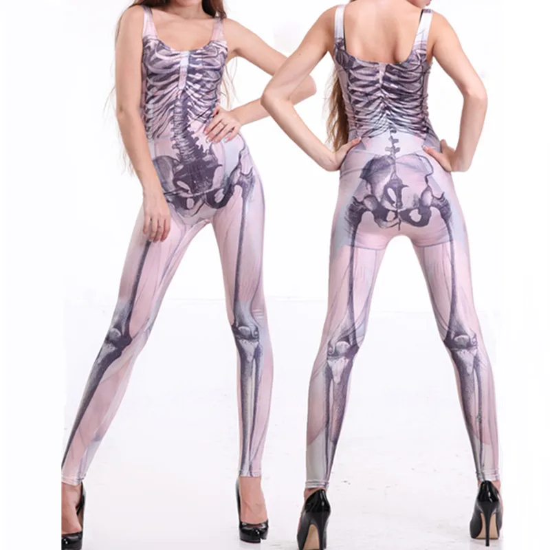 High Quality Sexy Halloween Costumes Women Slim Sexy Rompers 3D Pattern Bodysuits Femme Jumpsuit Fashion Tight Skeleton Bodysuit