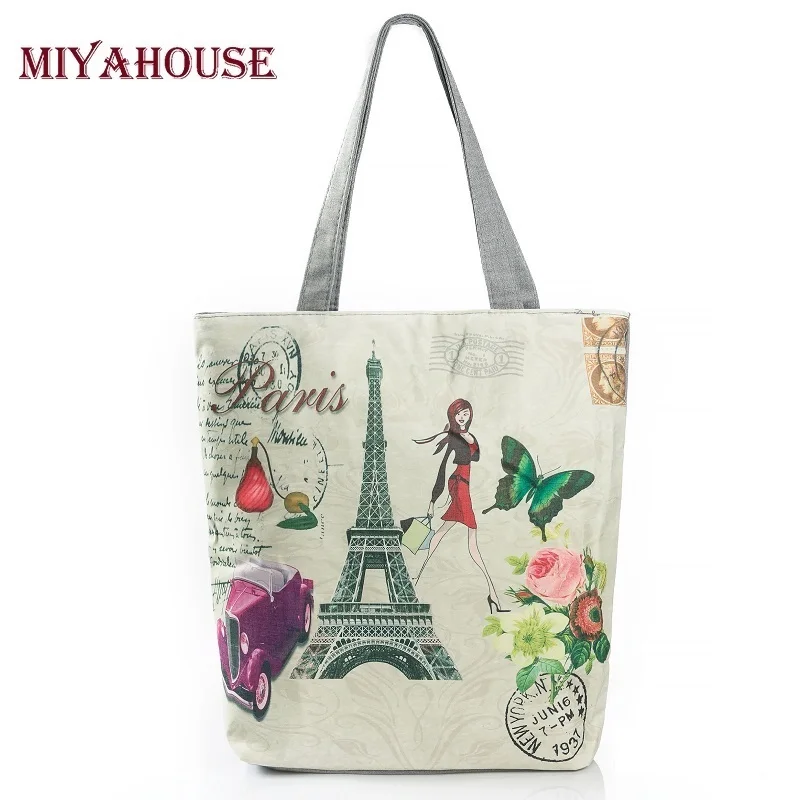 Miyahouse Women Canvas Beach Bag Paris Tower Printed Female Shoulder Bags For Girls Single Shopping Bag Top-Handle Bags Bolsa