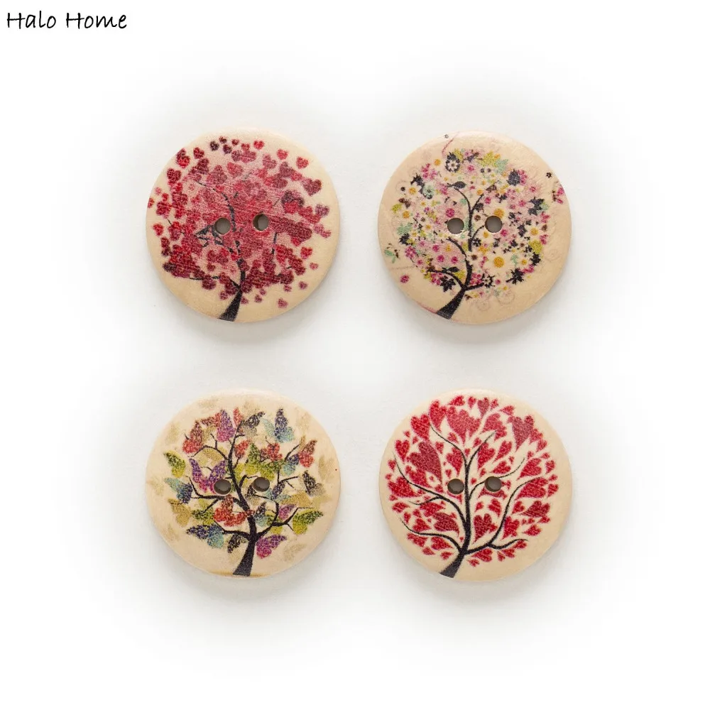 20pcs 2 Hole Mixed Tree Printing Round Wood Buttons Sewing Scrapbooking Home Decor Clothing Crafts 30mm