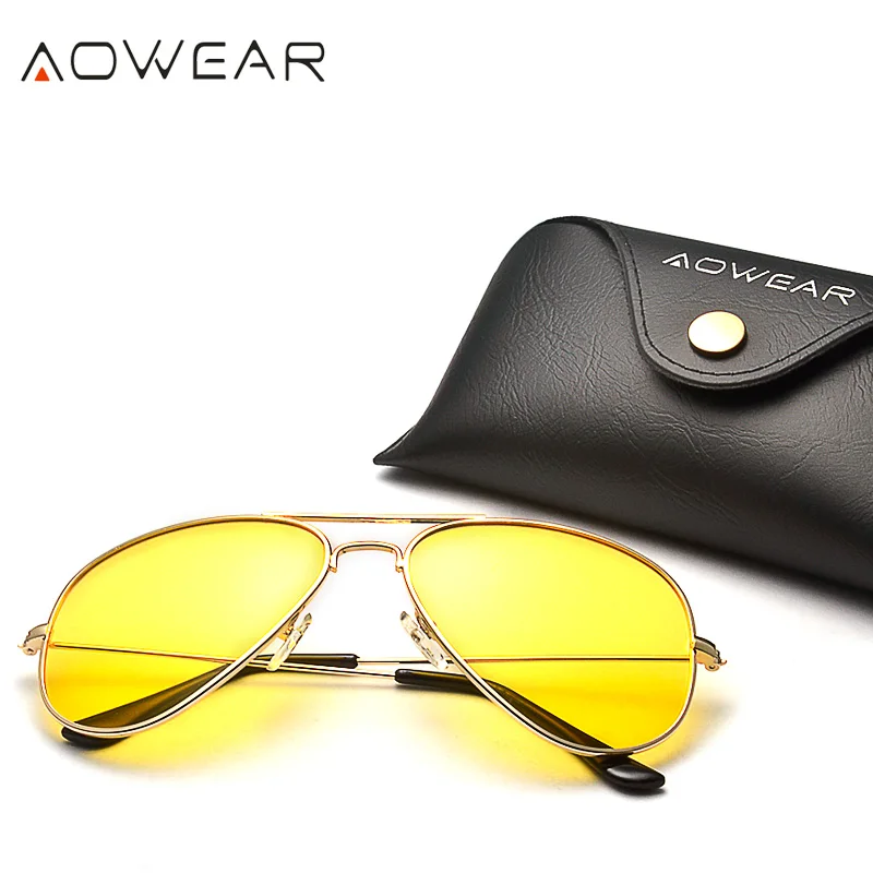 AOWEAR Brand 3025 Goggles Vision Night Glasses for Driving Polarized Aviation Yellow Sunglasses Men Night Vision Pilot Eyewear