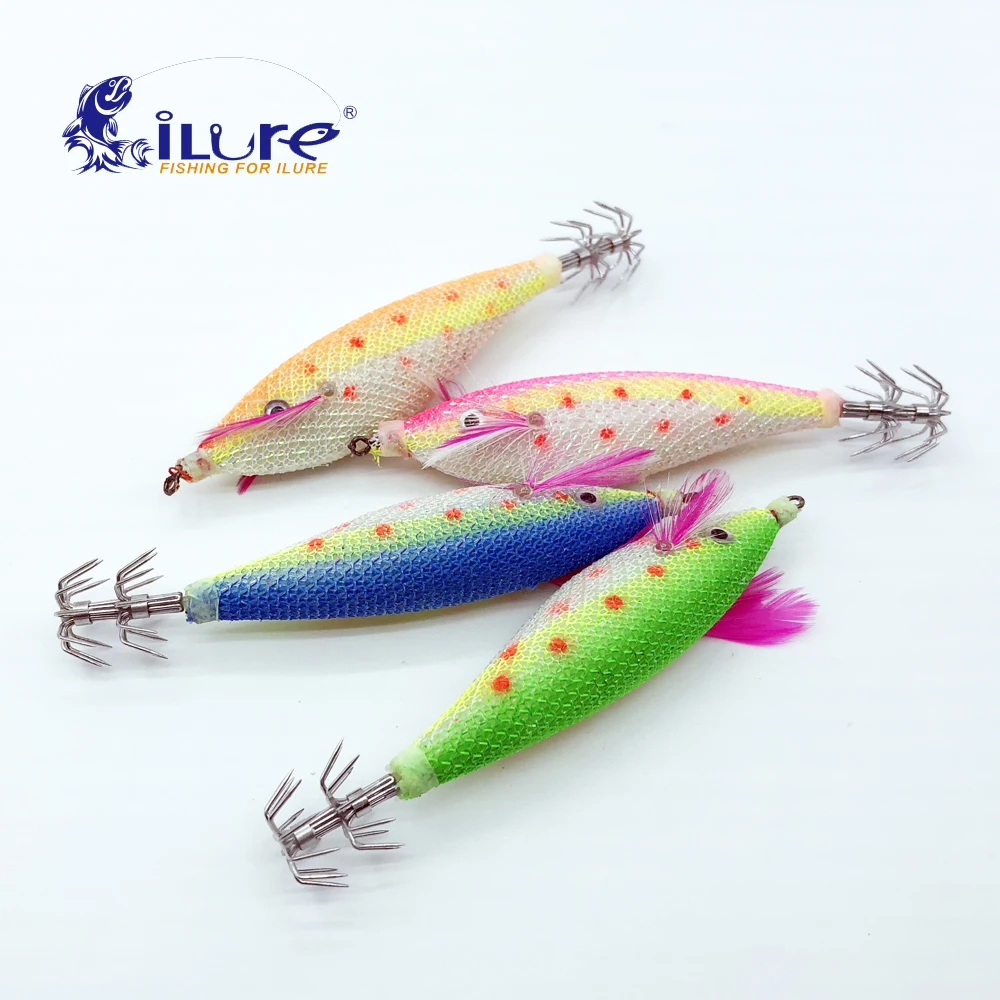 iLure 4pcs/lot Luminous Wood Shrimp Fishing Lures 105mm/14g Cuttlefish Octopus Jigs Lures Artificial Bait