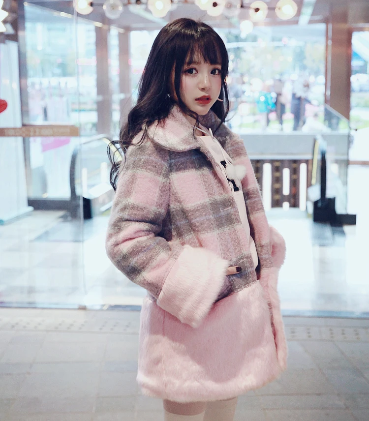 Princess sweet lolita student coat BOBON21 Pink stuffed lamb wool warm coat Gray Pink Plaid C1432