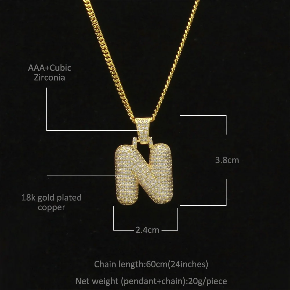 3UMeter Custom Initial A-Z Bubble Letters Pendants Necklaces Men's Zircon Hip Hop Jewelry With 4MM Tennis Chain Gift for Men