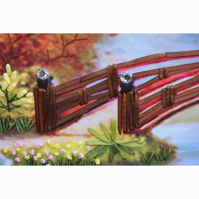 handwork  Ribbon embroidery 100X65CM print 3d cross stitch paintings landscape flowers Cherry hut needlework diy kits pattern