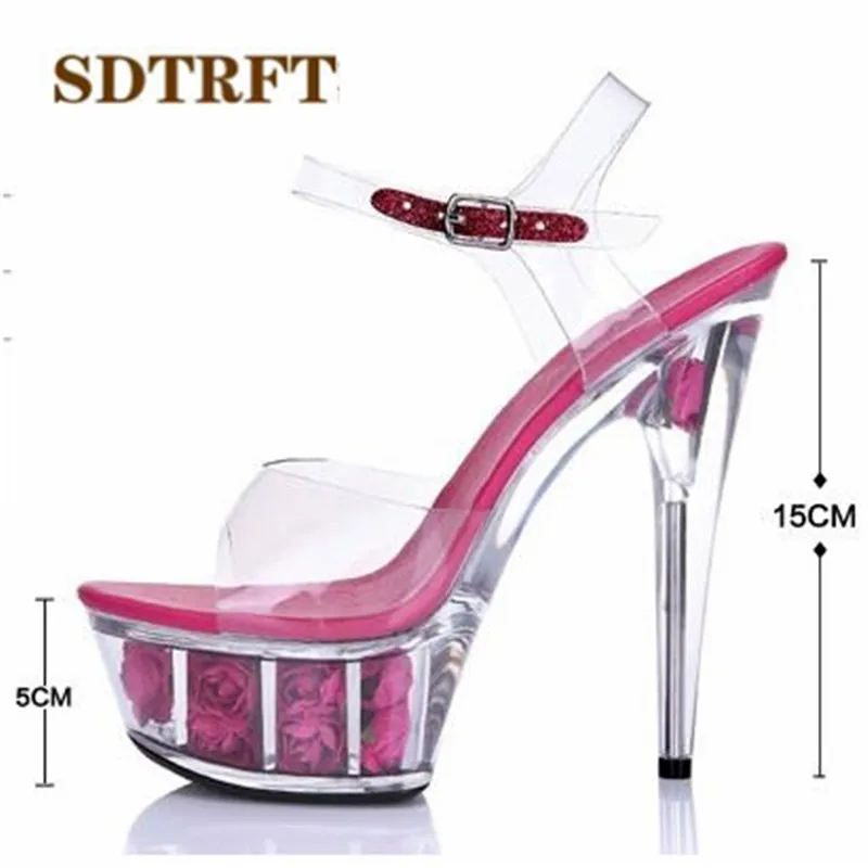 SDTRFT SUMMER transparent Stilettos zapatos mujer 15cm thin heels Flowers platform sandals Ankle strap shoes woman wedding pumps