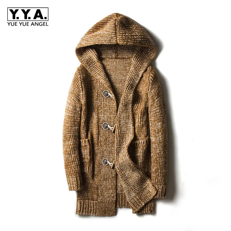 Hooded Mens Sweater Cardigan Large Size 5XL Knitted Outwear Coat Personality Buckle Design Long Coat Jaqueta Masculino Knitwear