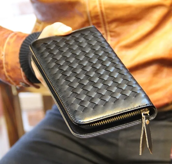 woven wallet long zipper wallet simply life use casual men standard pu leather