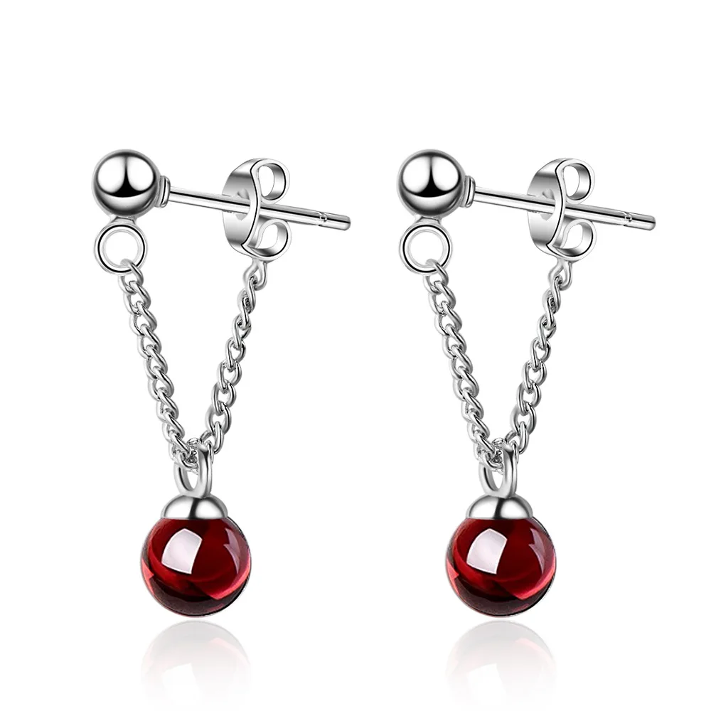 Elegant Round Natural Garnet Stone 925 Silver Needle Lady Tassel Stud Earrings Jewelry For Women Drop Shipping Girls Gift