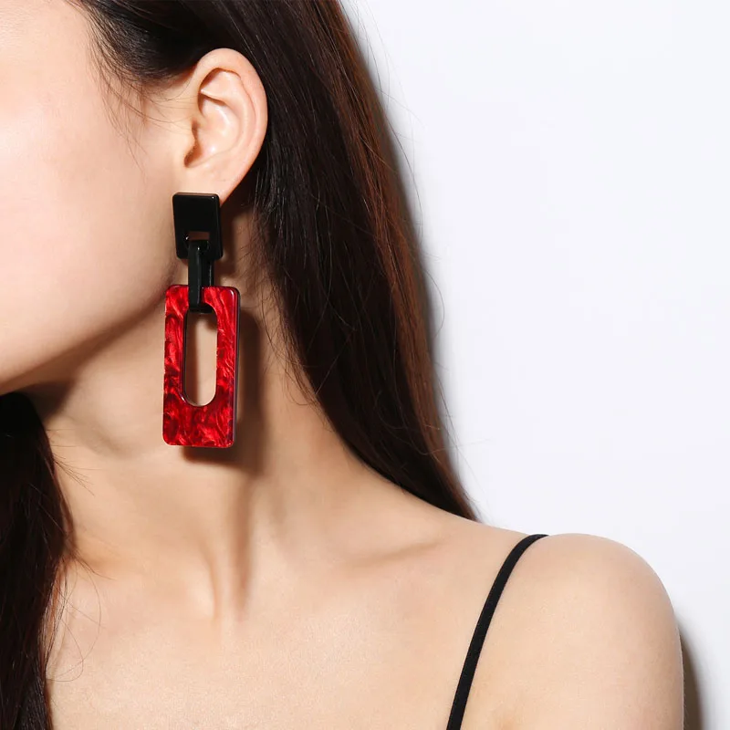 FishSheep Statement Geometric Acrylic Earrings Red Black Punk Big Buckle Pendant Long Drop Earrings For Women Fashion Jewelry